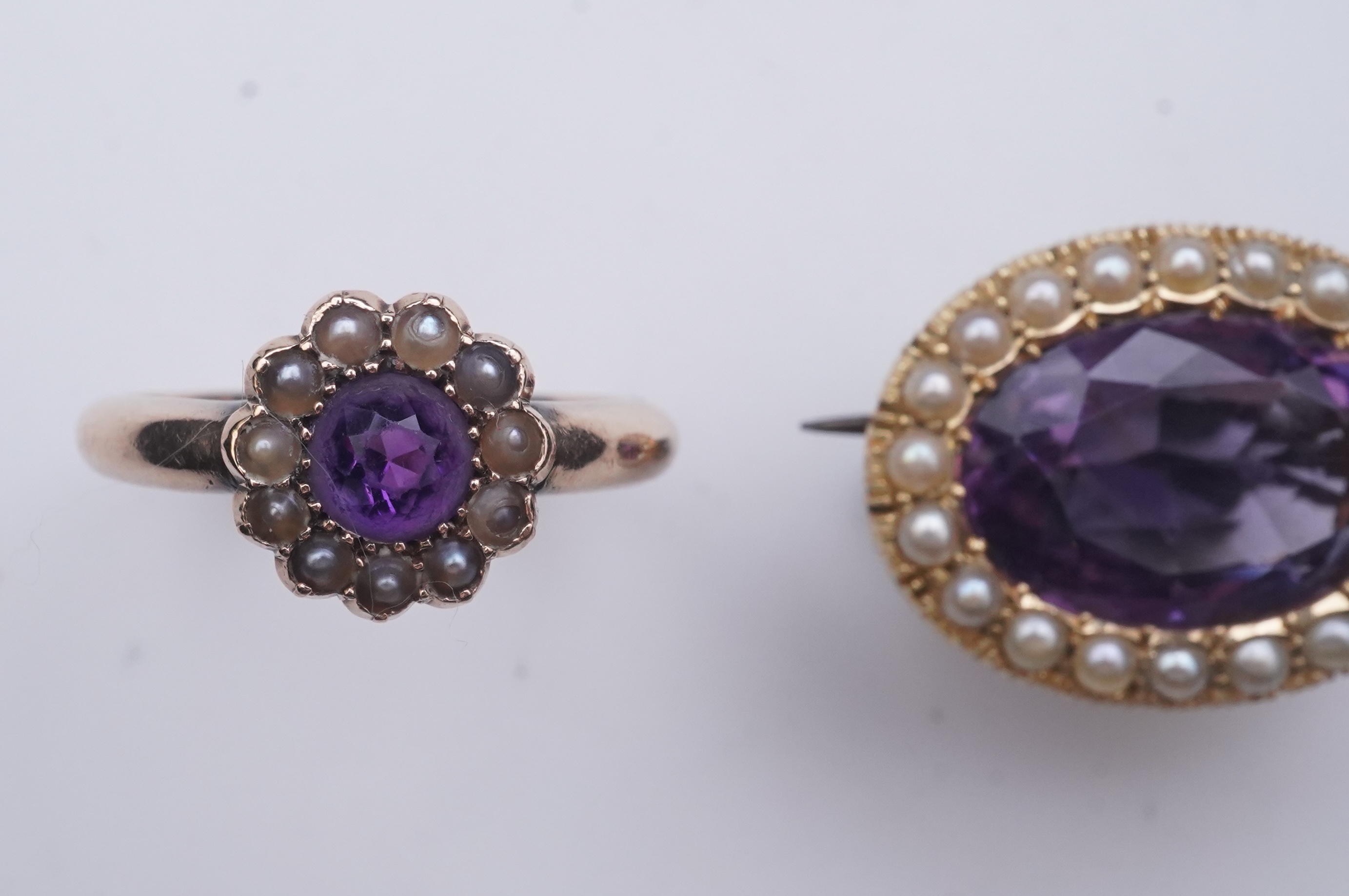 An amethyst brooch and an amethyst mourning ring, early 20th century